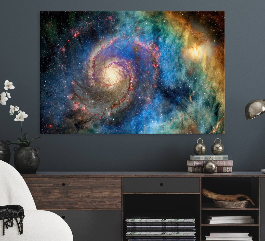 A Spiral Galaxy Wall Art Canvas Print hangs prominently.