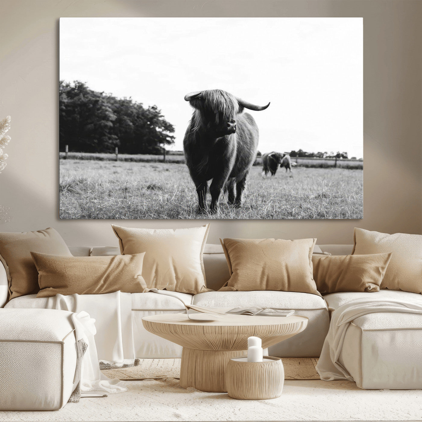 MGV-CV-36X24 - Black and White Highland Cow Wall Art Canvas Print | Rustic Western Decor for Living Room or Office,