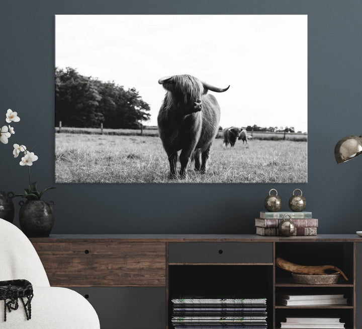 The Black and White Highland Cow Canvas Print is perfect rustic western decor.