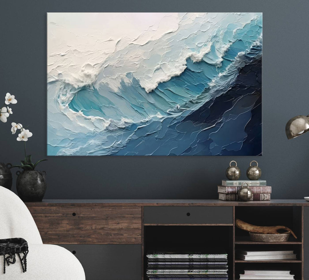 A Blue Abstract Wave Ocean Wall Art Canvas Print adorns the wall.