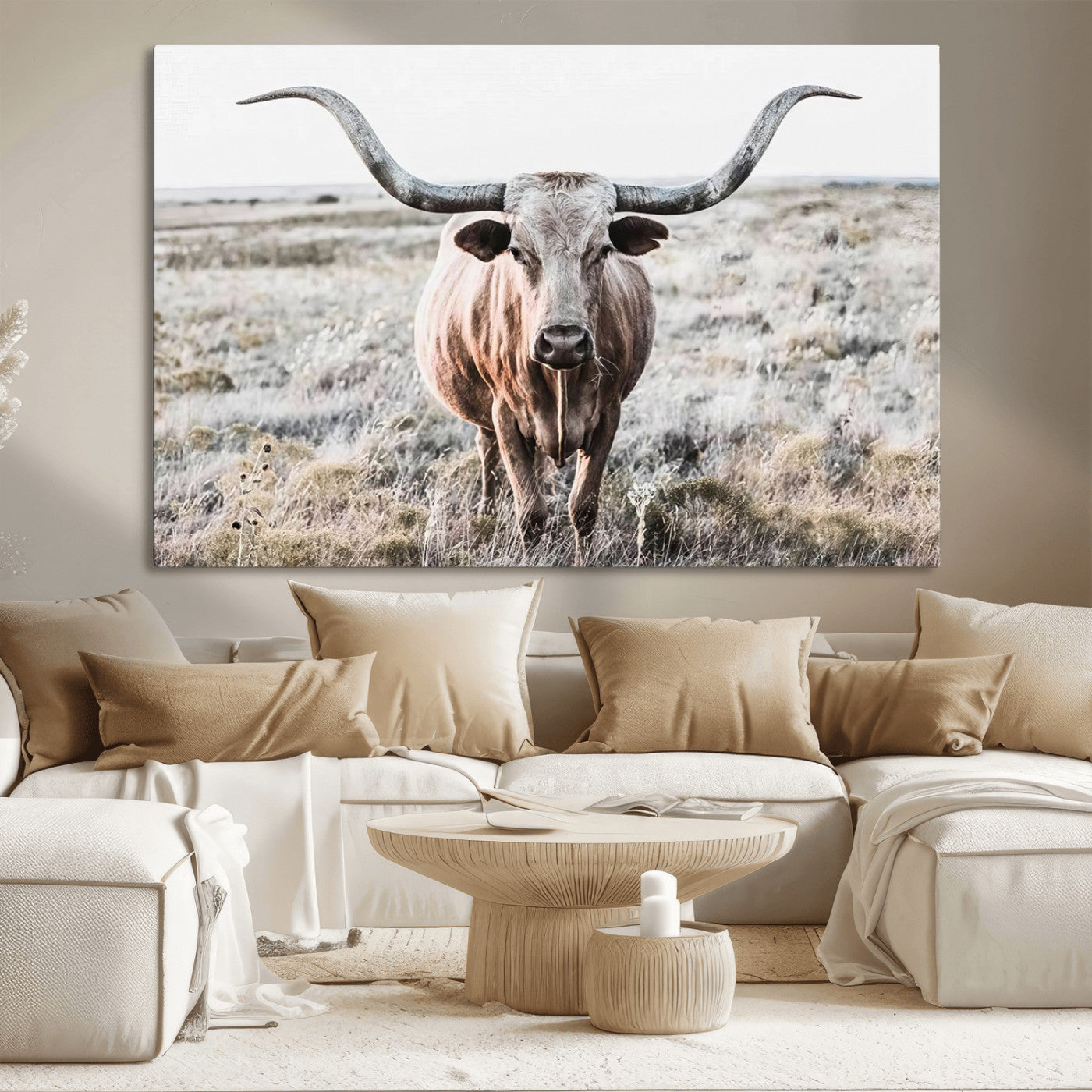 -Rustic Texas Longhorn Wall Art Canvas Print | Western Farmhouse Decor for Living Room or Office,
