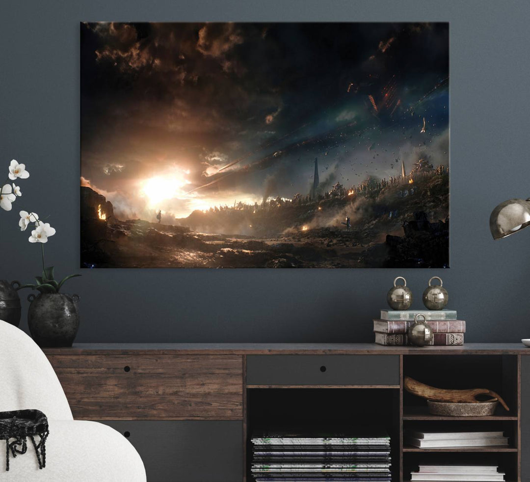 The Avengers Planet Wall Art Canvas Print depicts a stormy sky with figures.