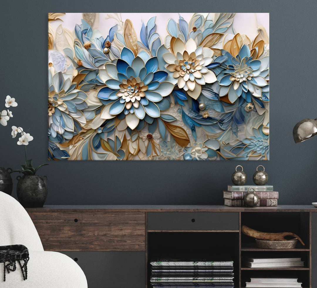 Blu Abstract Flower Canvas with blue, white, and gold petals—perfect home decor.