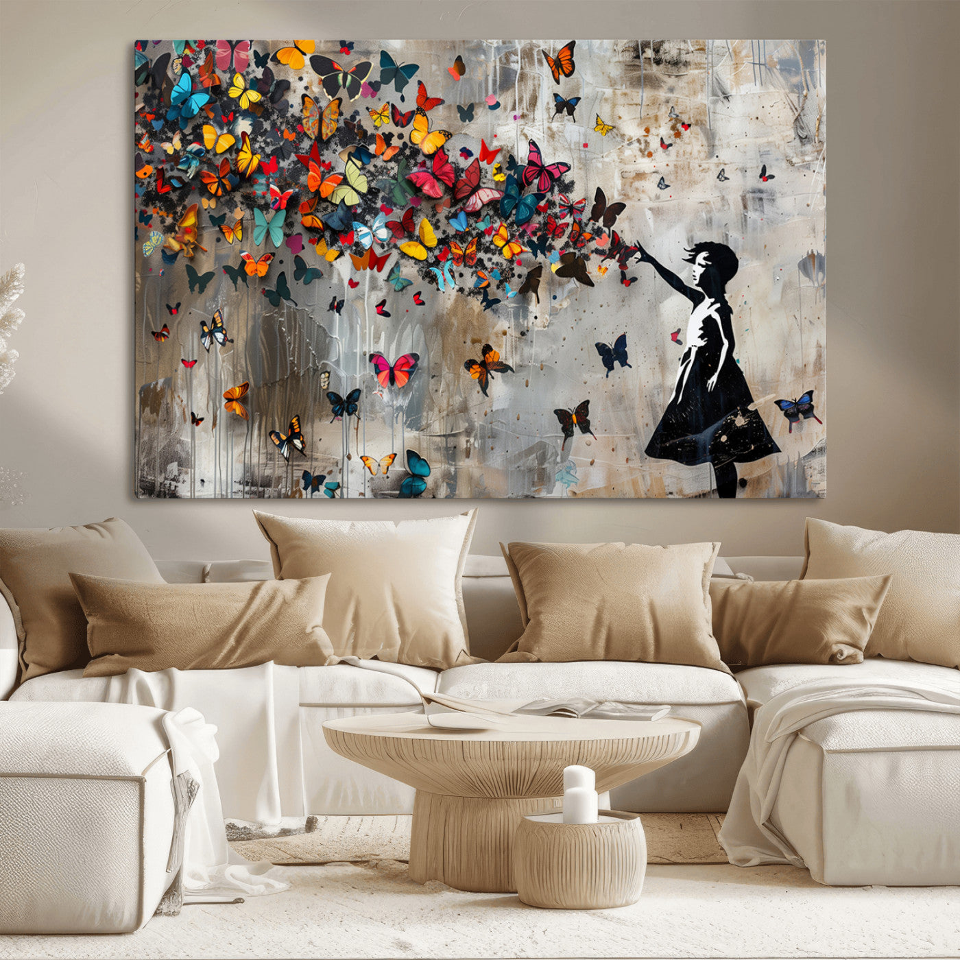MGV-CV-36X24 - Banksy Wall Art - Banksy Girl and Butterfly Explosion Wall Art Canvas Print | Girl with Butterflies