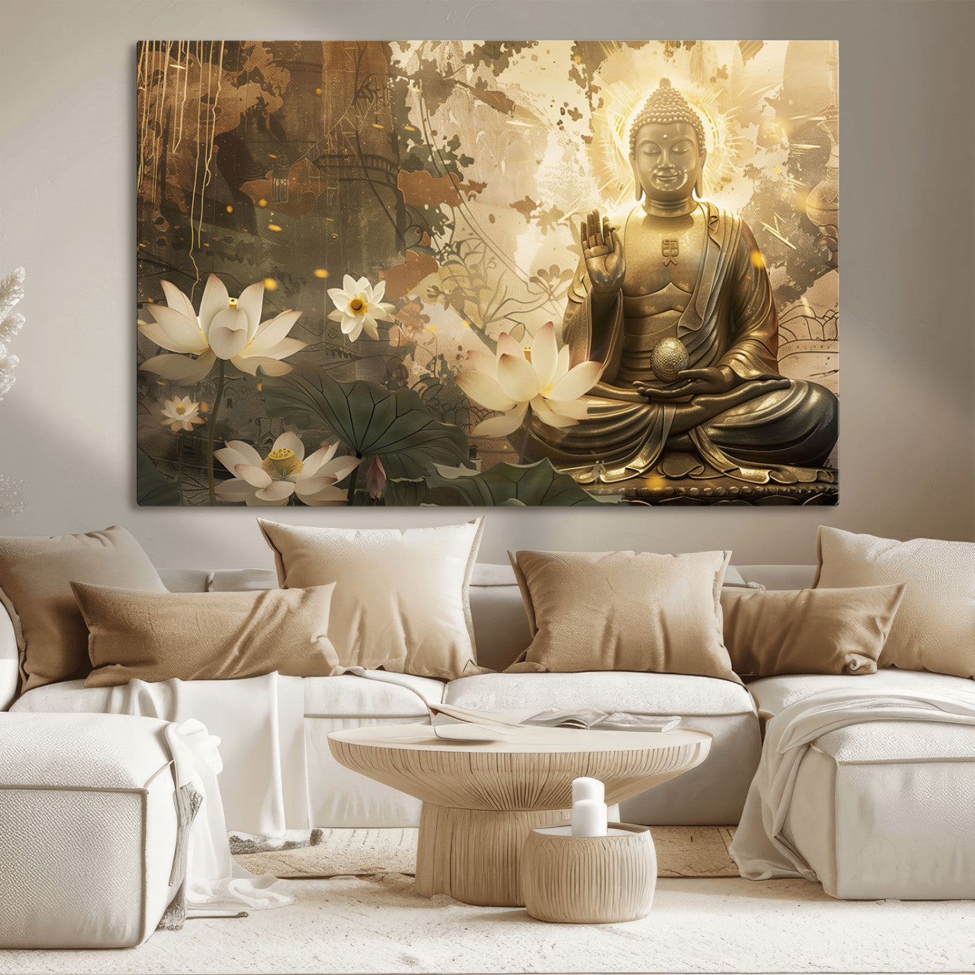MGV-CV-36X24 - Zen Buddha Wall Art Canvas Print | Peaceful Meditation Decor with Lotus Flowers | Spiritual Serenity