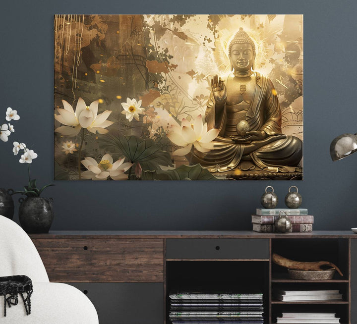 The living room features the Zen Buddha Wall Art Canvas Print with lotus flowers.