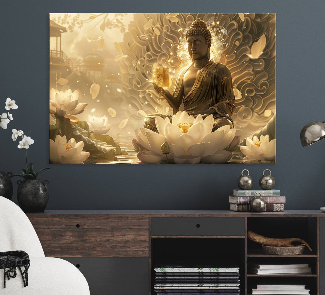 A framed Golden Buddha Wall Art with lotus flowers, ideal for meditation rooms, is beautifully displayed.