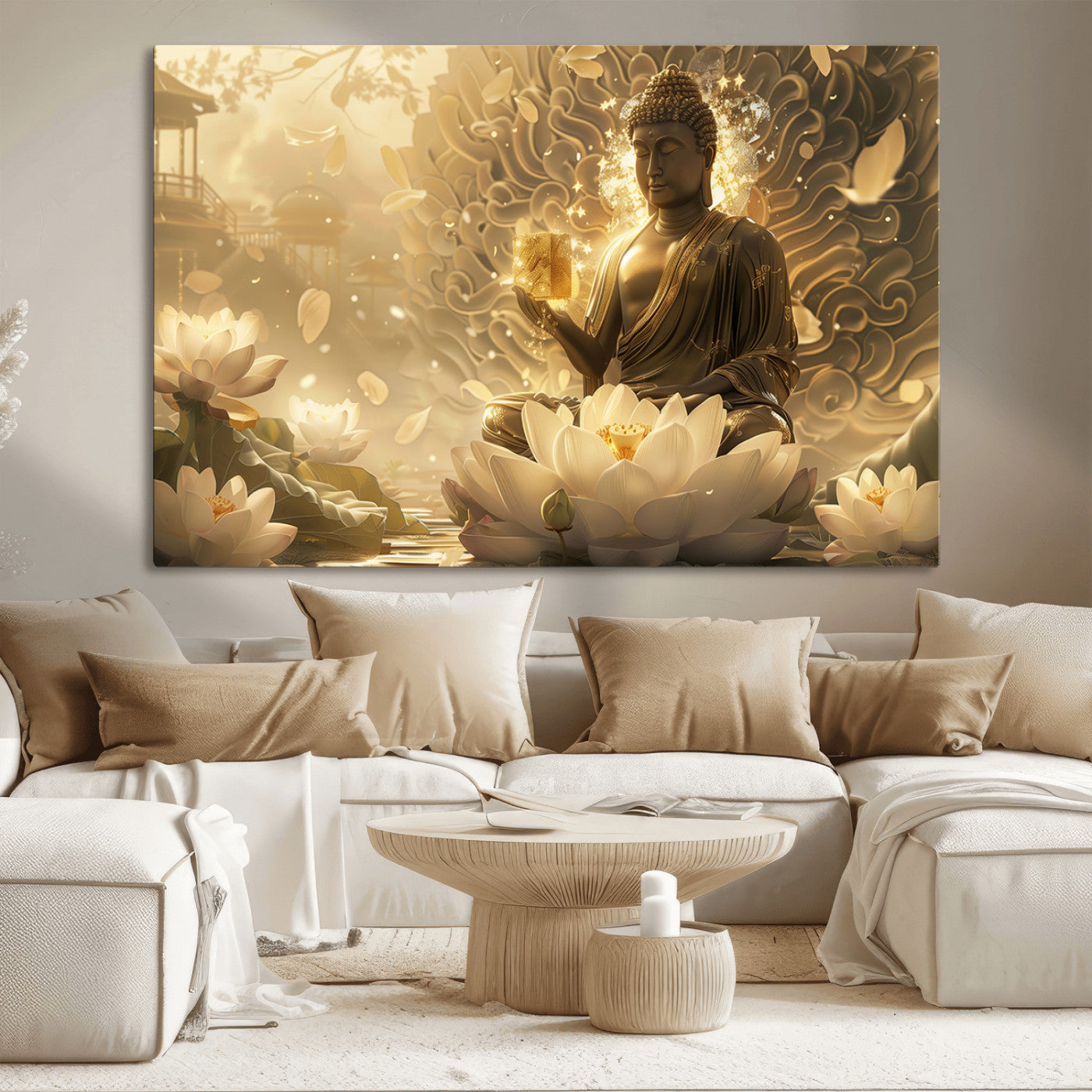 MGV-CV-36X24 - Golden Buddha Wall Art | Yoga Room Decor and Meditation Room Wall Art | Framed and Ready to Hang