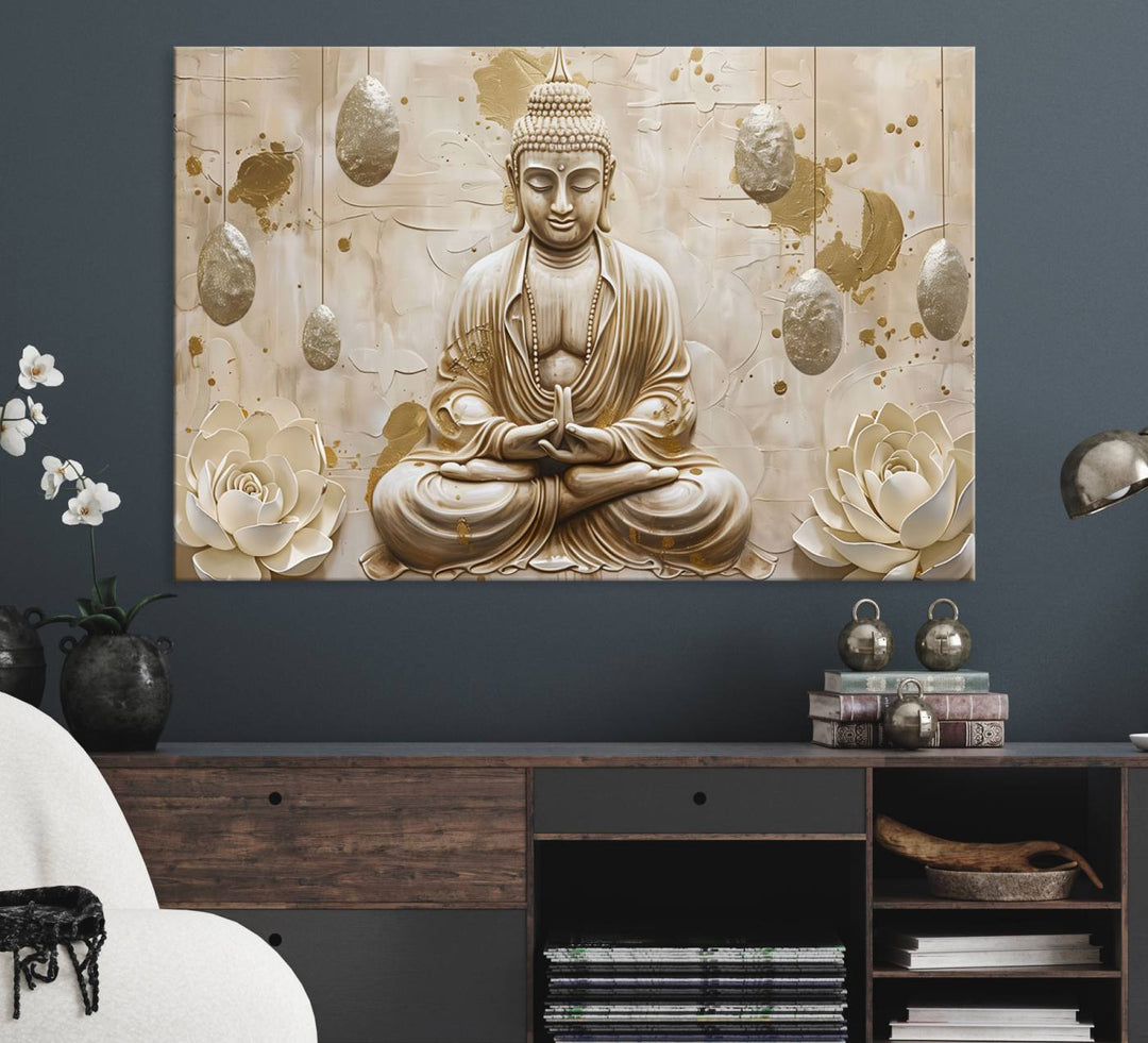 A modern Serene Buddha Wall Art, enhanced by lotus flowers, creates a tranquil atmosphere.