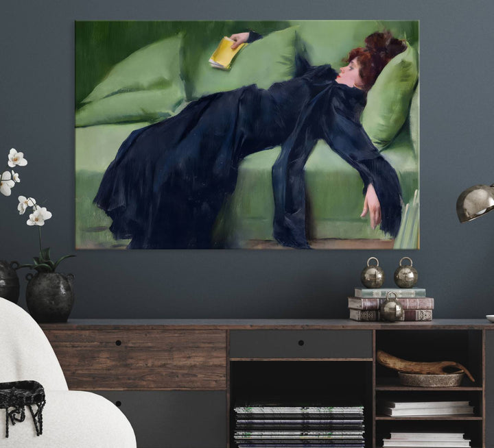 A modern kitchen features a Decadent Girl by Ramon Casas canvas print on the wall.