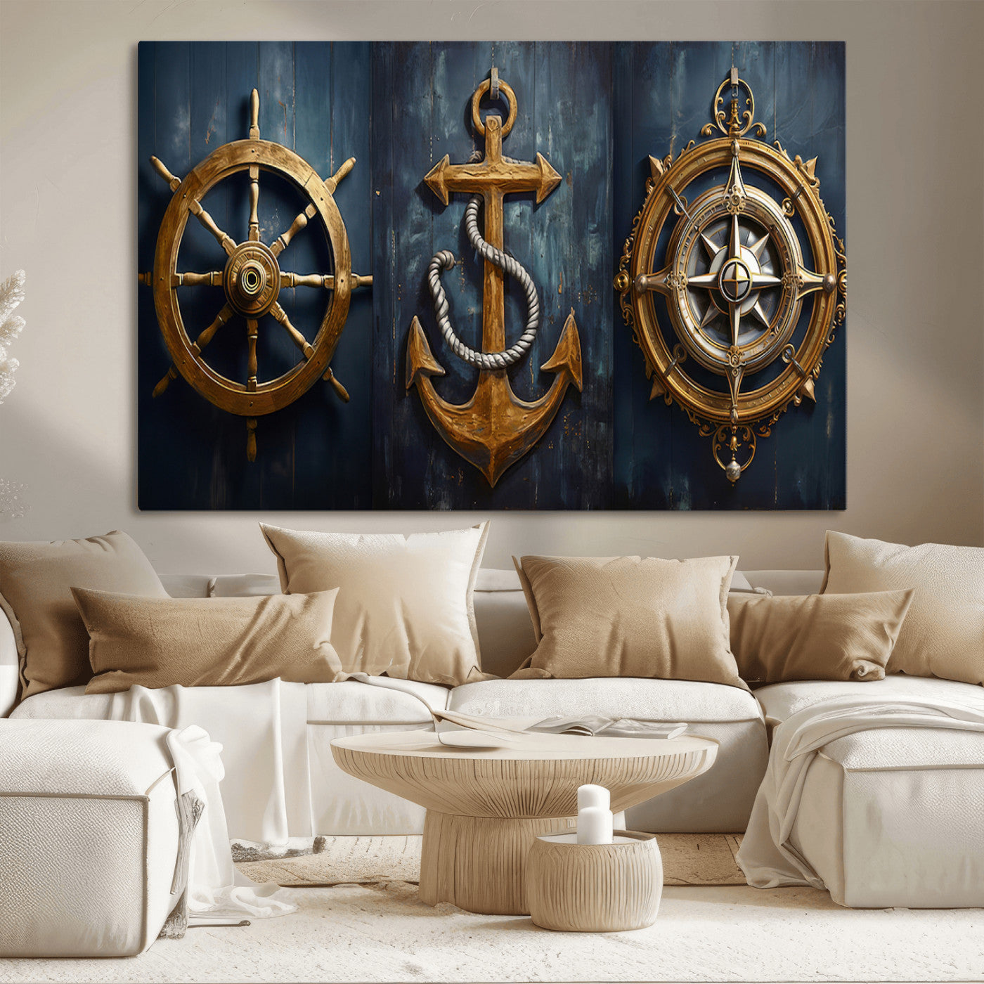 MGV-CV-36X24 - Boat Anchor Compass With Rope Wall Art Canvas Print | Beach House Wall Art