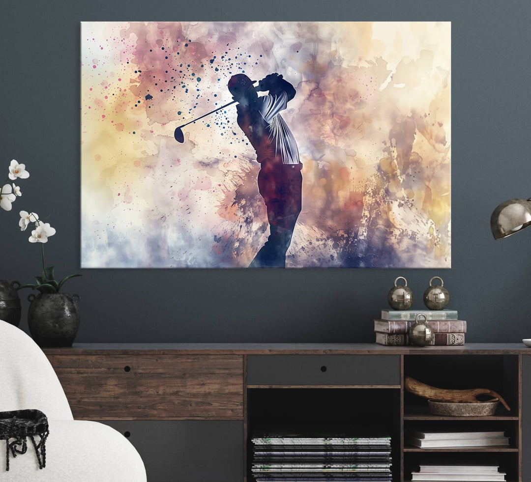 The Abstract Watercolor Golf Player Canvas Print adds modern decor to the room.