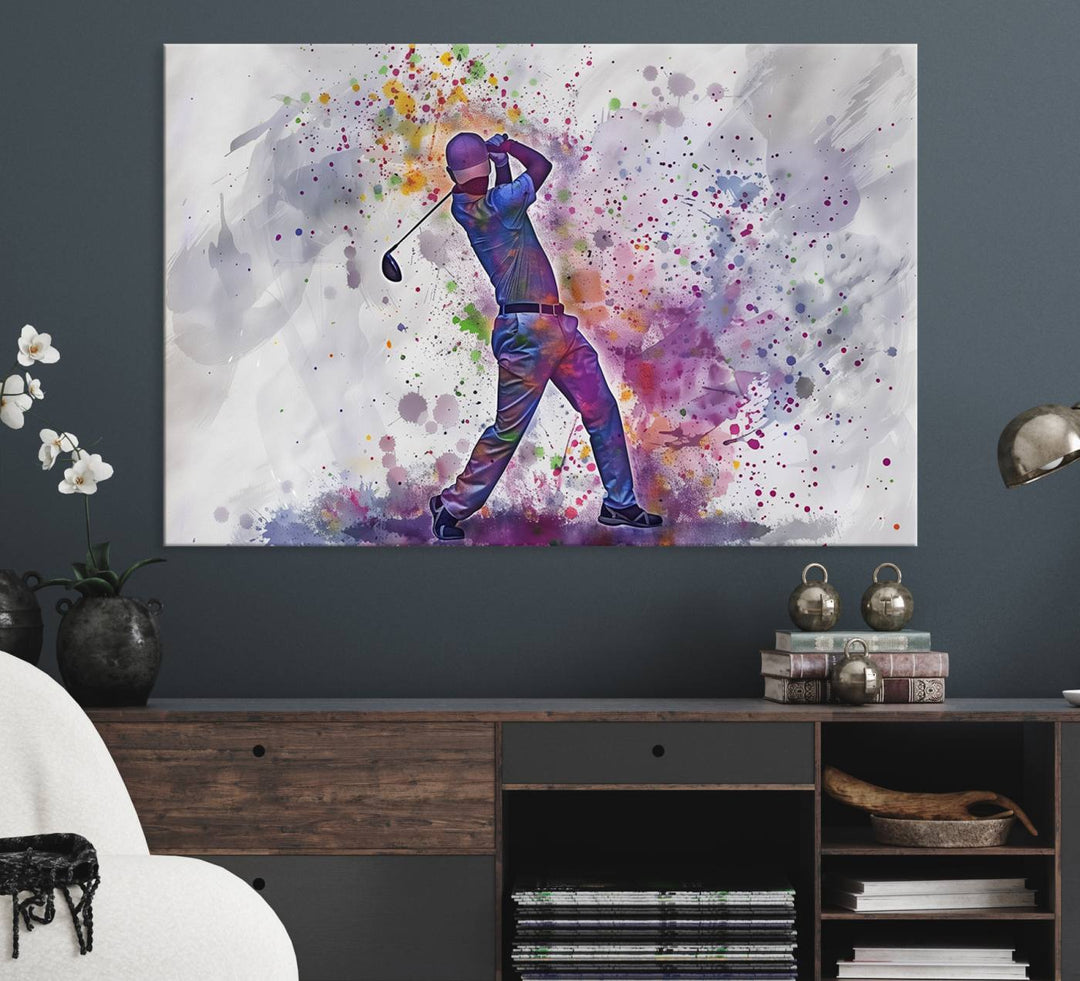 Watercolor Golf Swing Wall Art Canvas Print | Vibrant Abstract Golf Player Silhouette | Sports-Inspired Wall Decor for Golf Enthusiasts