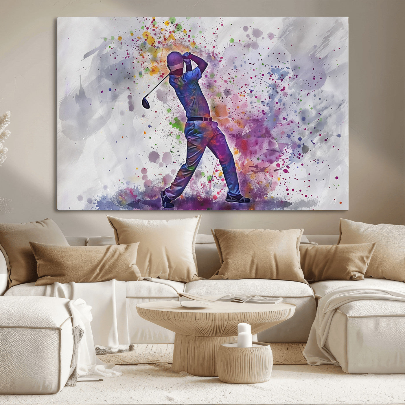 MGV-CV-36X24 - Watercolor Golf Swing Wall Art Canvas Print | Vibrant Abstract Golf Player Silhouette |
