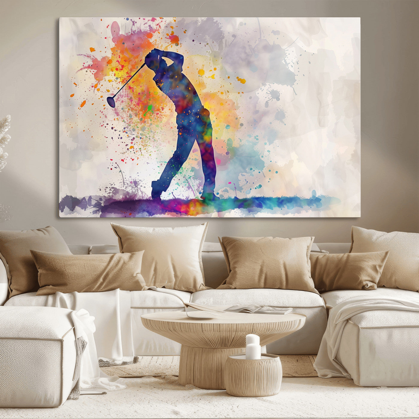 MGV-CV-36X24 - Watercolor Golf Swing Wall Art Canvas Print | Vibrant Abstract Golf Player Silhouette |