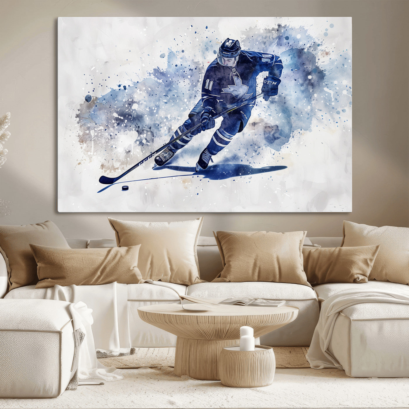 MGV-CV-36X24 - Hockey Player Wall Art Canvas Print - Sports-Inspired Watercolor Decor - Ready to Hang