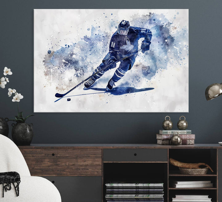 Hockey Player Wall Art Canvas Print - Sports-Inspired Watercolor Decor - Ready to Hang