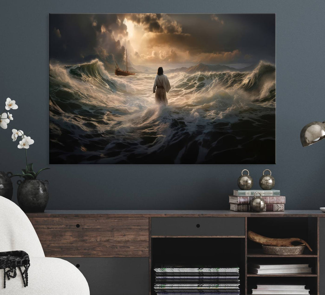 The wall art canvas print depicts a person in white striding on stormy ocean waves towards a sailboat under dramatic skies.