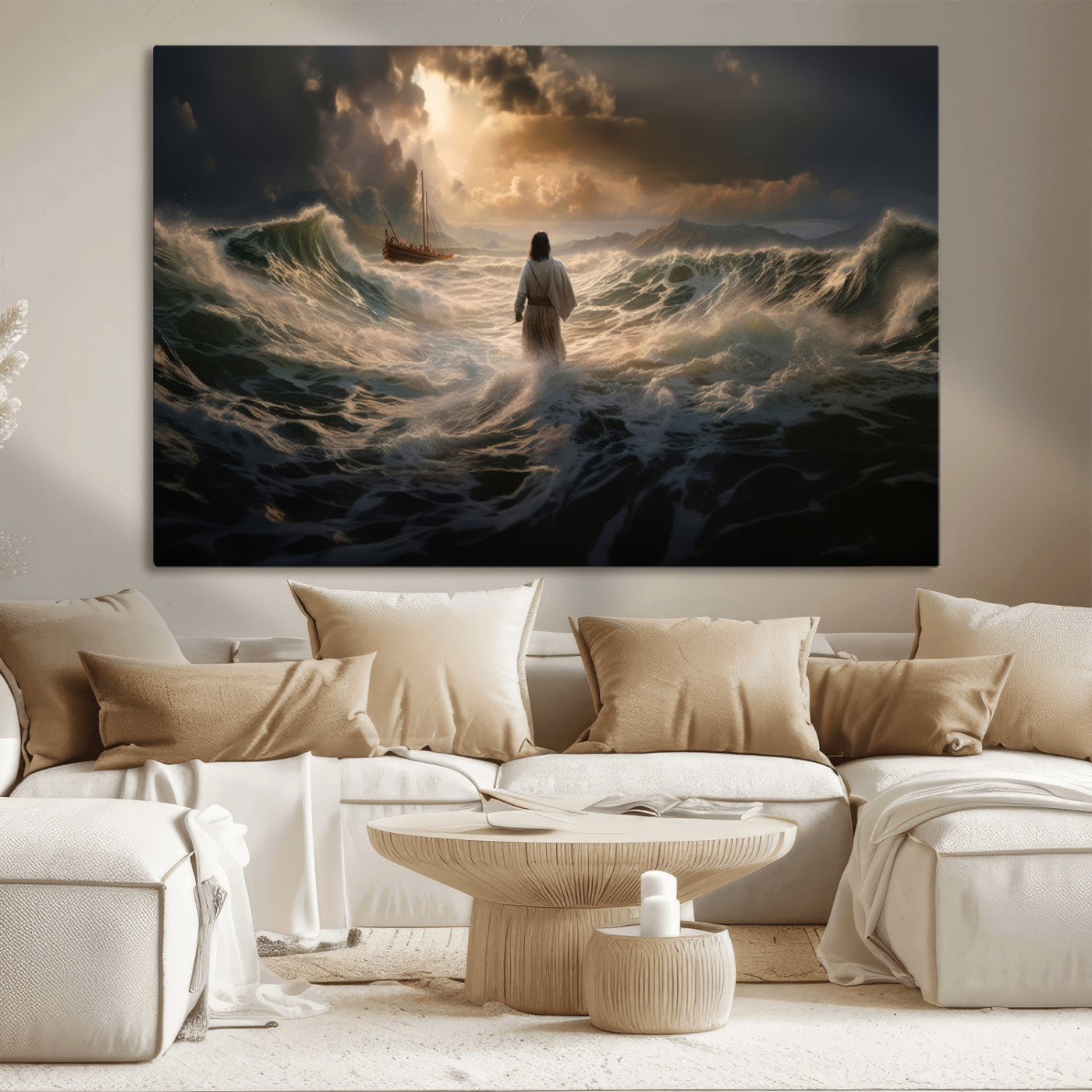 MGV-CV-36X24 - Jesus Walking on Water Wall Art Canvas Print - Religious Spiritual Decor - Jesus Wall Art Canvas