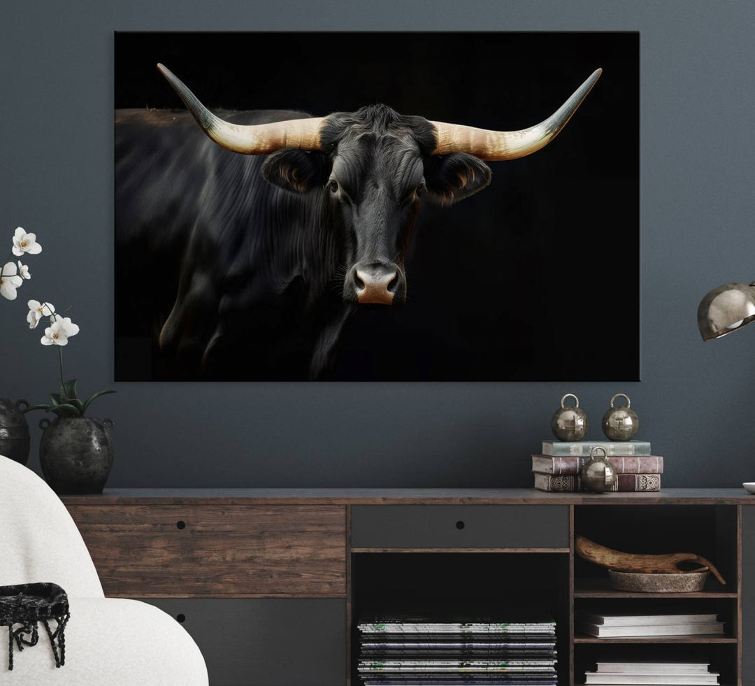 Texas Longhorn Cow | Majestic Black Bull Wall Art Canvas Print - Farmhouse Animal Decor - Ready to Hang