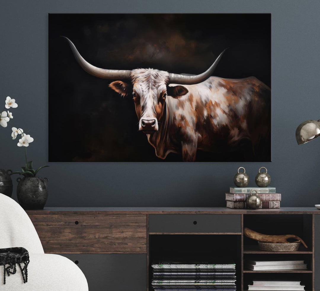 A modern kitchen featuring a Texas Longhorn Wall Art Canvas Print.