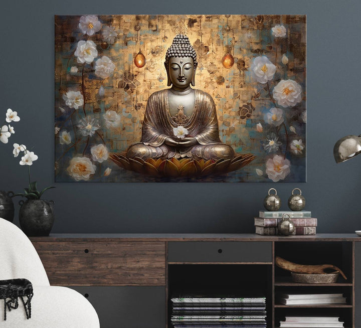 Golden Buddha wall art canvas print on a warm backdrop.