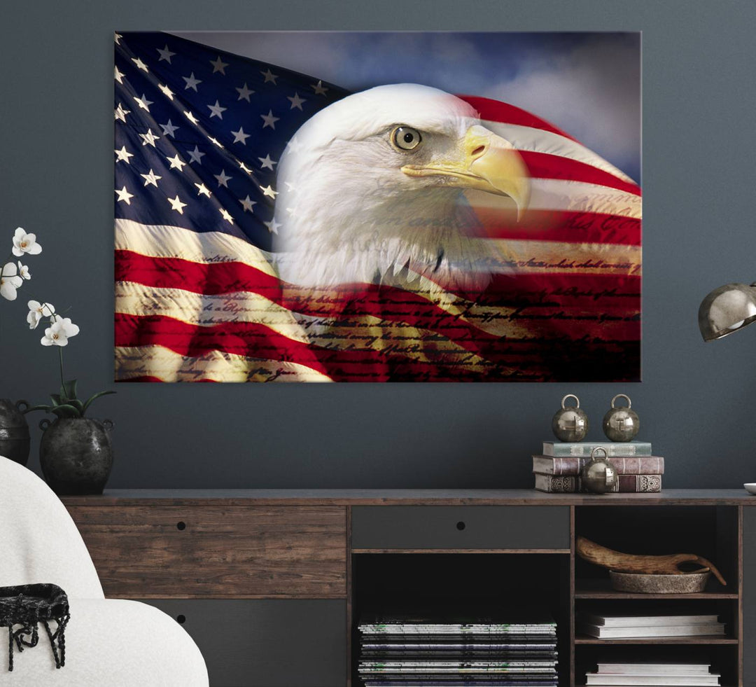 On the wall is an American Flag Eagle Symbol Wall Art Canvas Print.