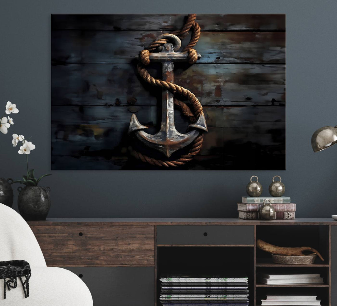 The wooden wall displays a 3 Panel Grunge Abstract Anchor Wall Art Canvas Print Set.