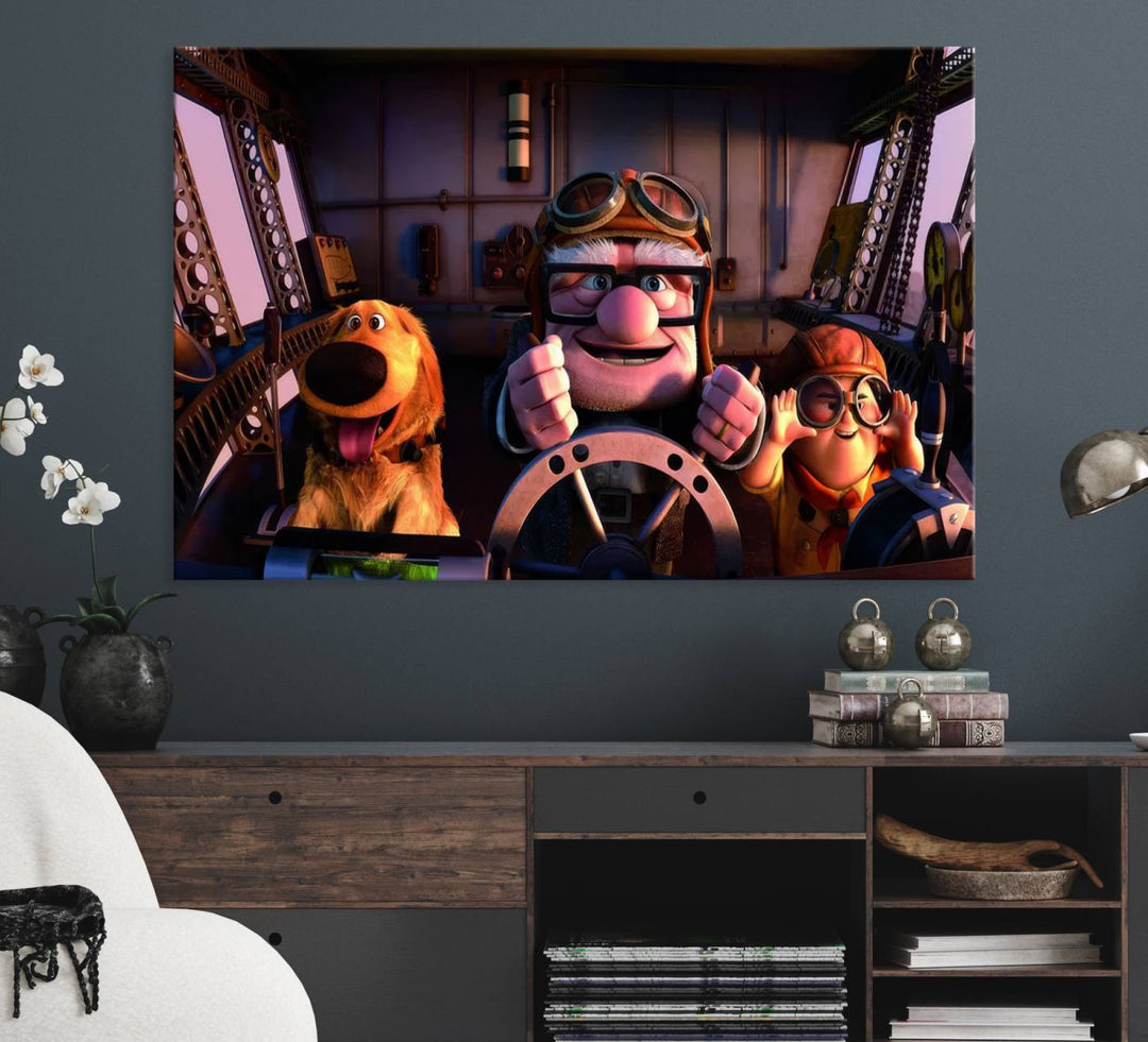 A man, boy, and dog flying a plane are depicted in the Carl Russel & Dog Movie Up wall art.