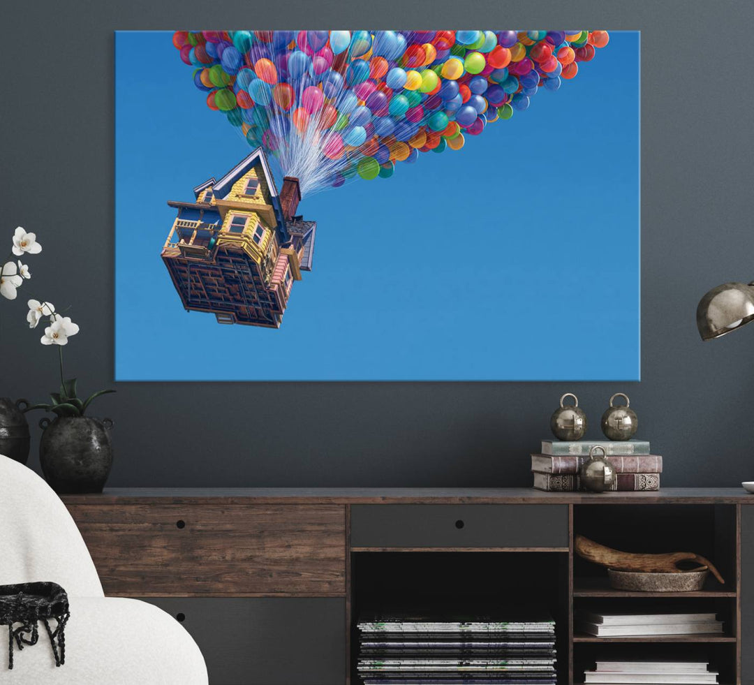 The Up house floats skyward, making it an ideal Carl Fredricksen wall art for kids rooms.