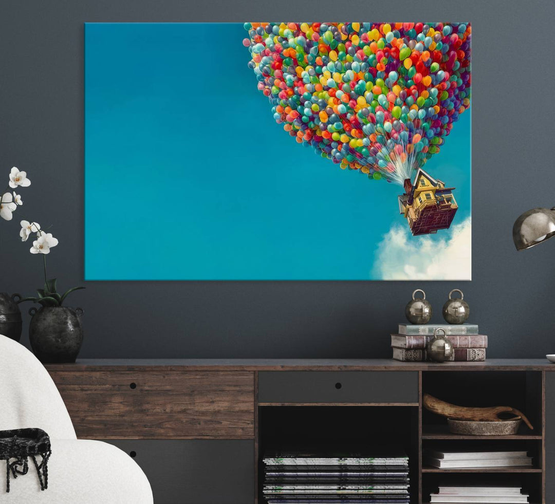 The Carl Fredricksen Up Movie Wall Art, featuring a colorful balloon house, adds vibrant decor to the space.