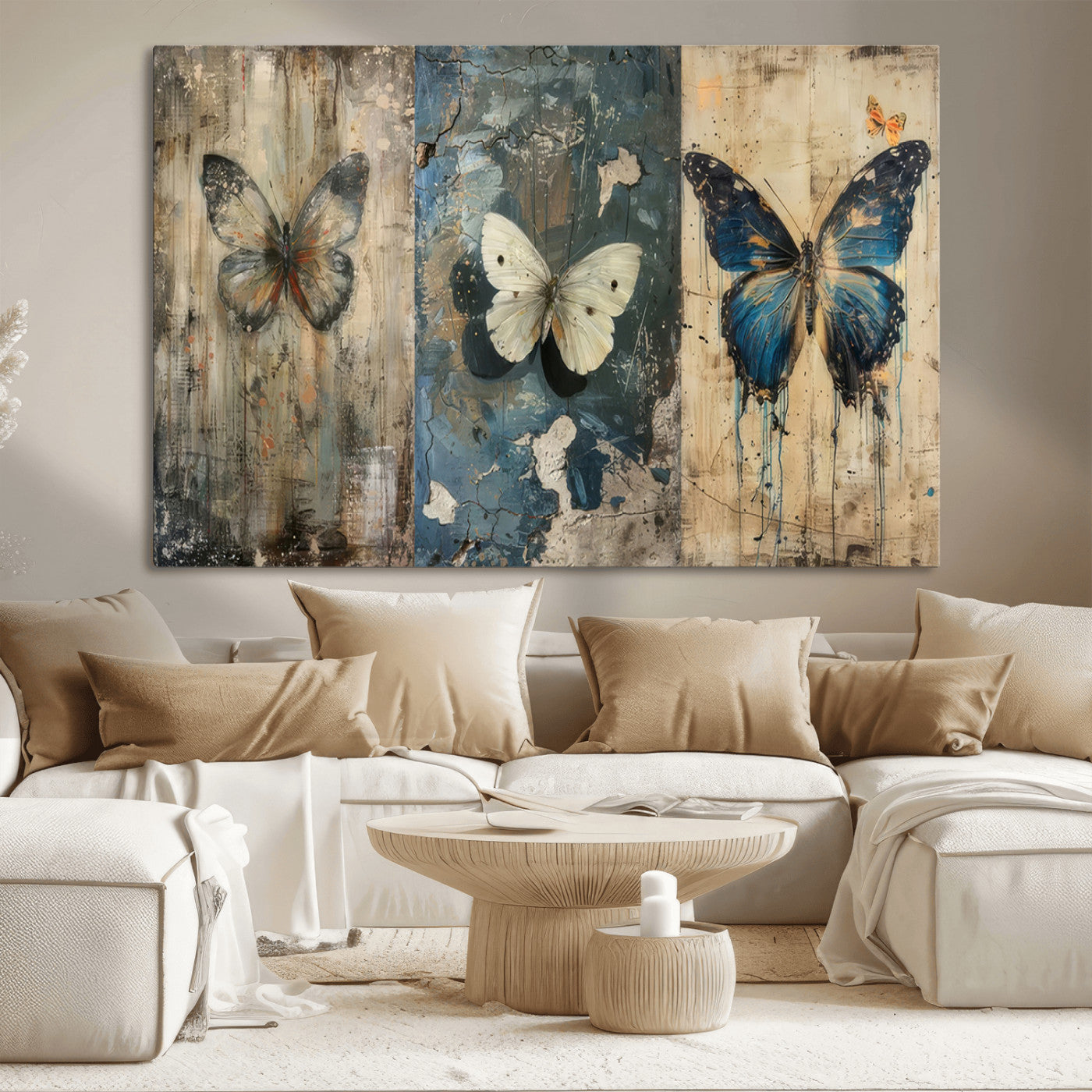 MGV-CV-36X24 - Butterfly Wall Art Trio | Vintage Butterfly Canvas Print | Ready to Hang Framed Artwork for