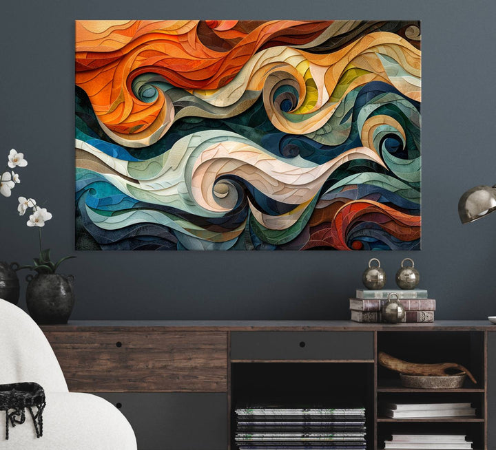 The Abstract Wave Wall Art is vibrant decor ideal for modern spaces.