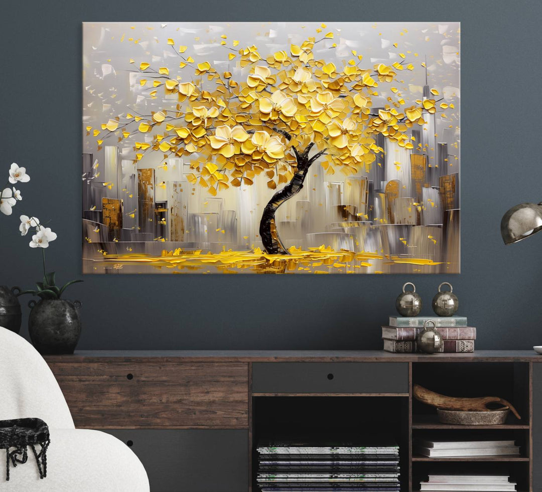 Golden Tree Canvas Print: Abstract wall art featuring golden leaves over a cityscape, ideal for modern homes. Ready to hang.