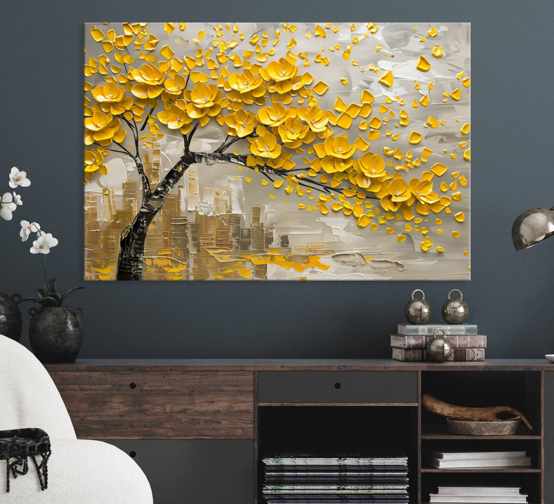 The living room showcases a Yellow Blossom Tree Canvas Wall Art, modern and floral.