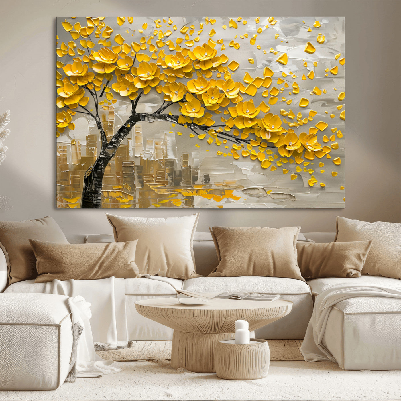 MGV-CV-36X24 - Yellow Blossom Tree Canvas Wall Art - Floral Abstract Modern Contemporary Artwork for Living Room or