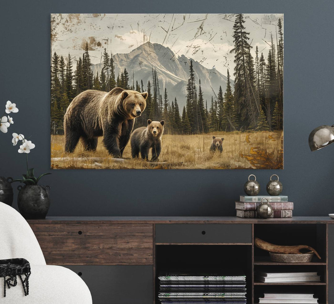 Rustic Grizzly 399: Bear Family Wall Art Canvas Print.