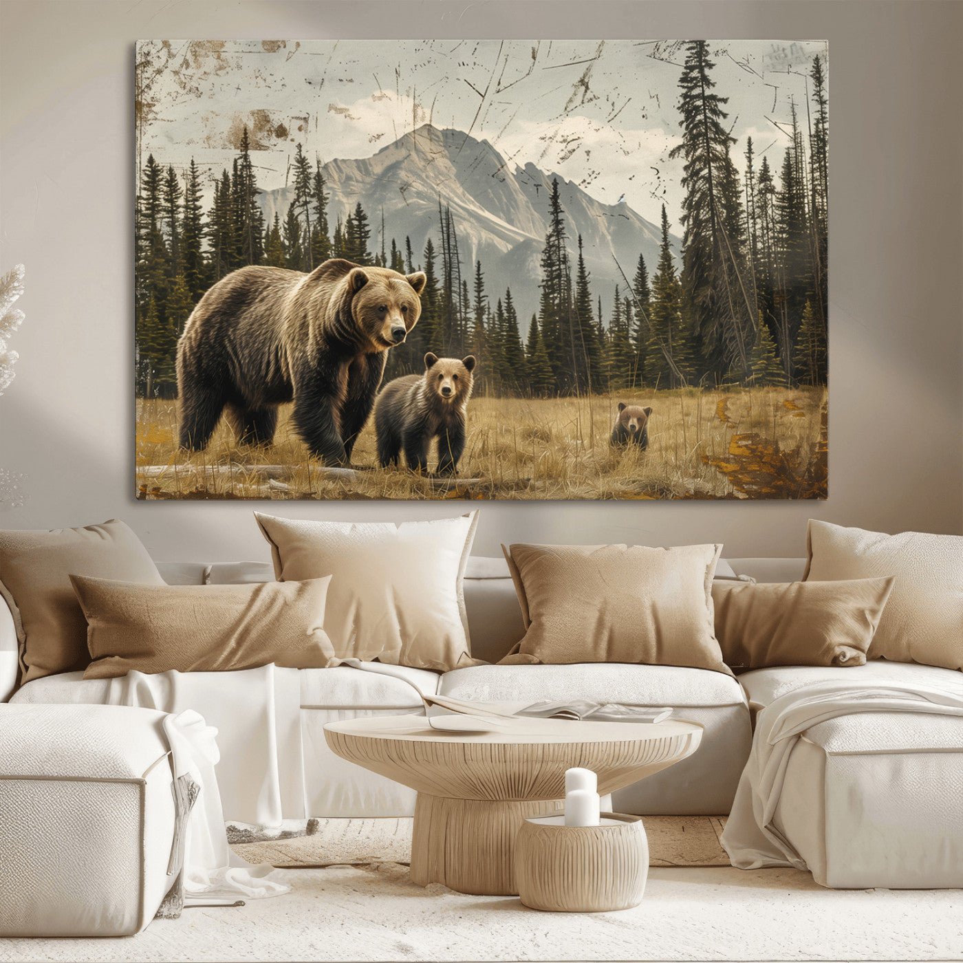 MGV-CV-36X24 - Rustic Grizzly 399 Bear Family Wall Art Canvas Print