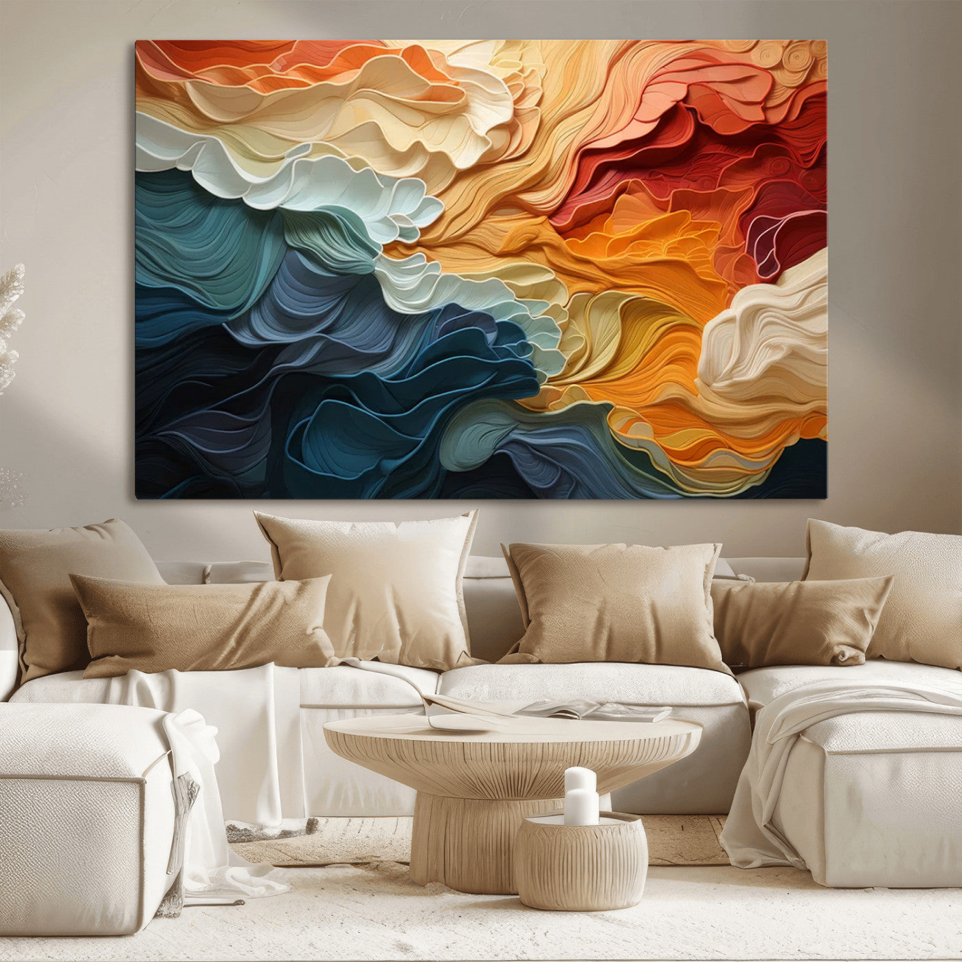 MGV-CV-36X24 - Blue Orange Abstract Wave Wall Art Canvas Print, Framed Blue Orange Wave Wall Art
