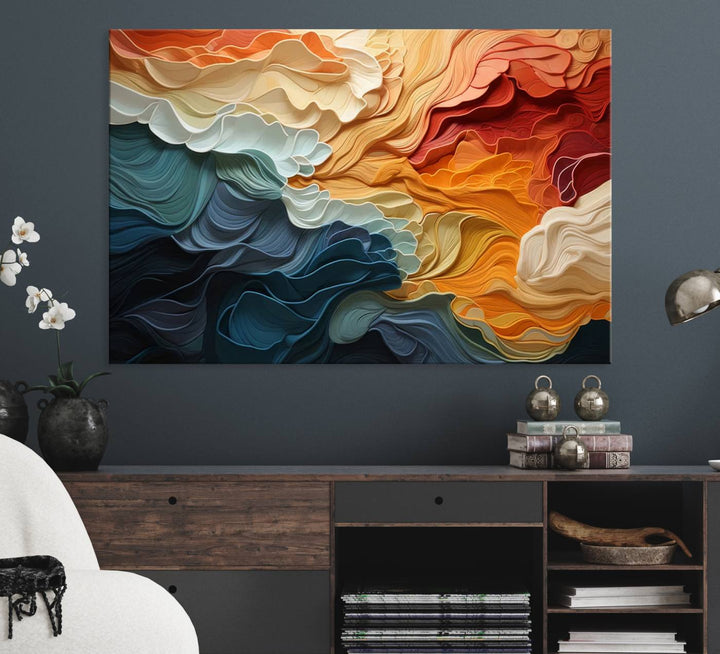 Blue Orange Abstract Wave Wall Art Canvas Print.