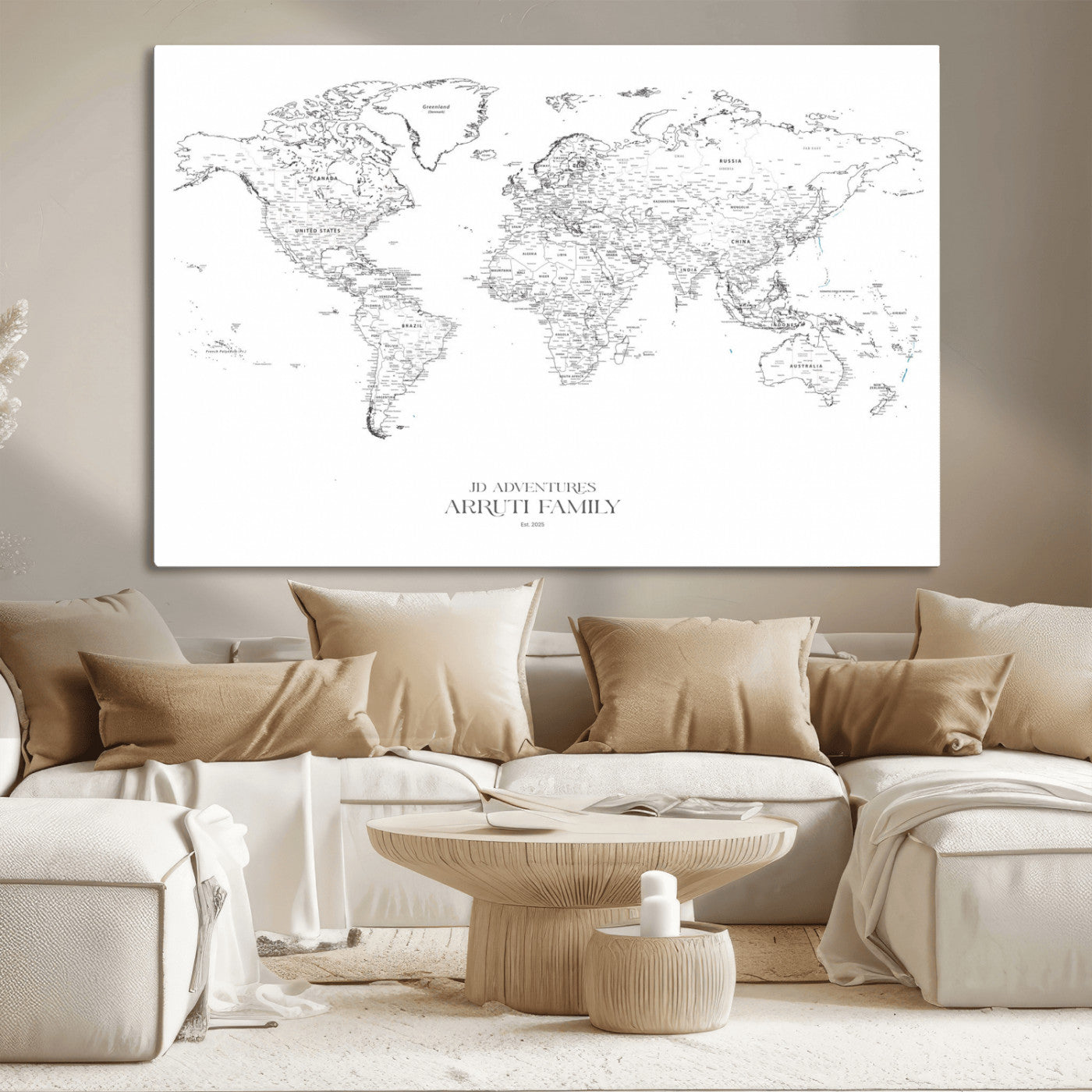 MGV-CV-36X24 - Custom World Map Wall Art – Personalized Framed Canvas Print with Push Pins for Travel Tracking,