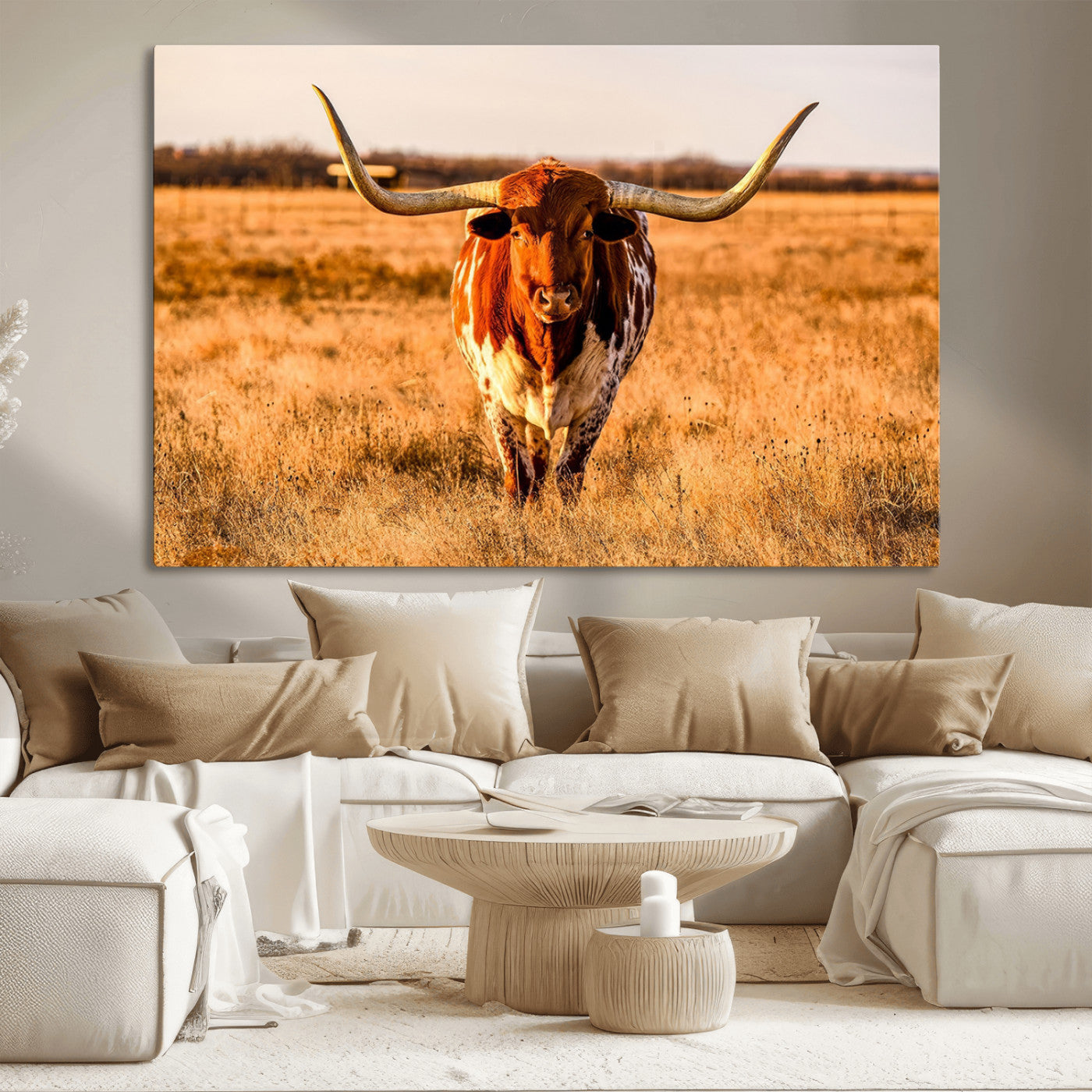 MGV-CV-36X24 - Longhorn Cow Wall Art | Ready to Hang Framed Canvas Print for Farmhouse and Barn Decor