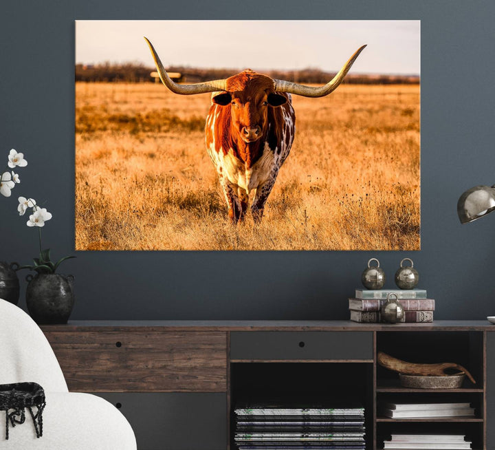 The Longhorn Cow Wall Art framed canvas brings rustic charm and farmhouse decor with its warm field scene.