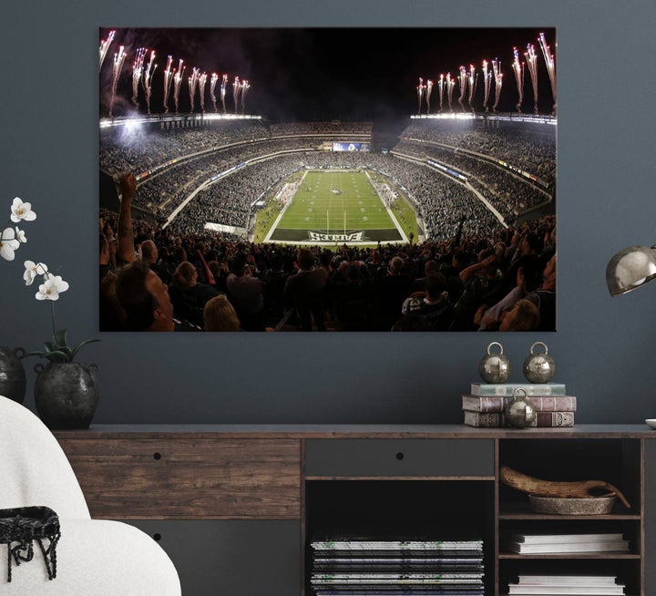 The wall art of Eagles Field Stadium showcases nighttime fireworks over a full stadium.