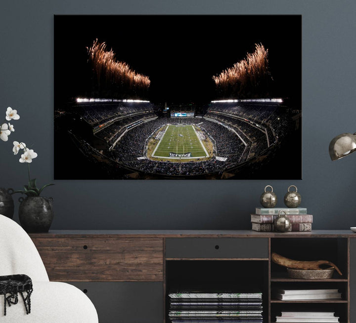 Eagles Stadium Wall Art depicting a nighttime game and fireworks at Lincoln Financial Field.