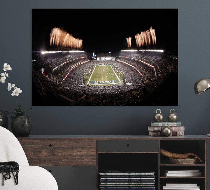 Eagles Field Stadium Wall Art features a depiction of Lincoln Financial Field fireworks.