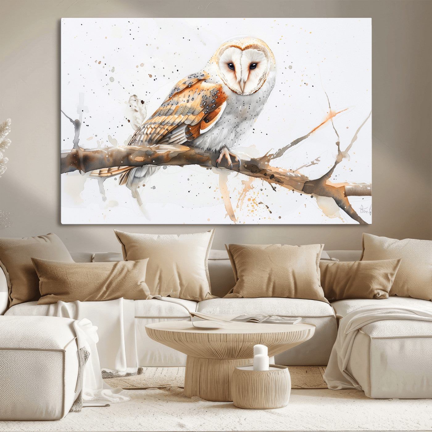 MGV-CV-36X24 - Barn Owl Wall Art on Branch | Stunning Canvas Print for Nature Lovers | Ready to Hang and Framed