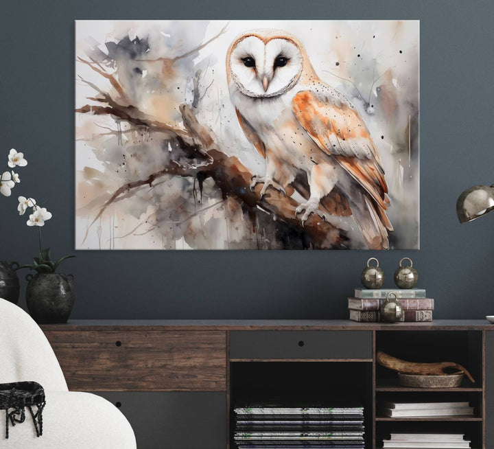 The Barn Owl Wall Art watercolor canvas adds a rustic twist to farmhouse decor.