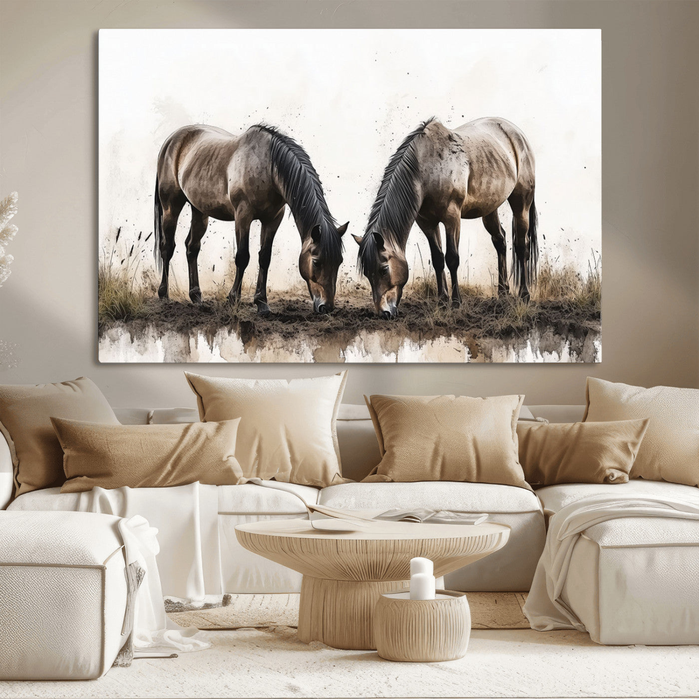 MGV-CV-36X24 - Chines Ink Style Horses Wall Art Canvas Print