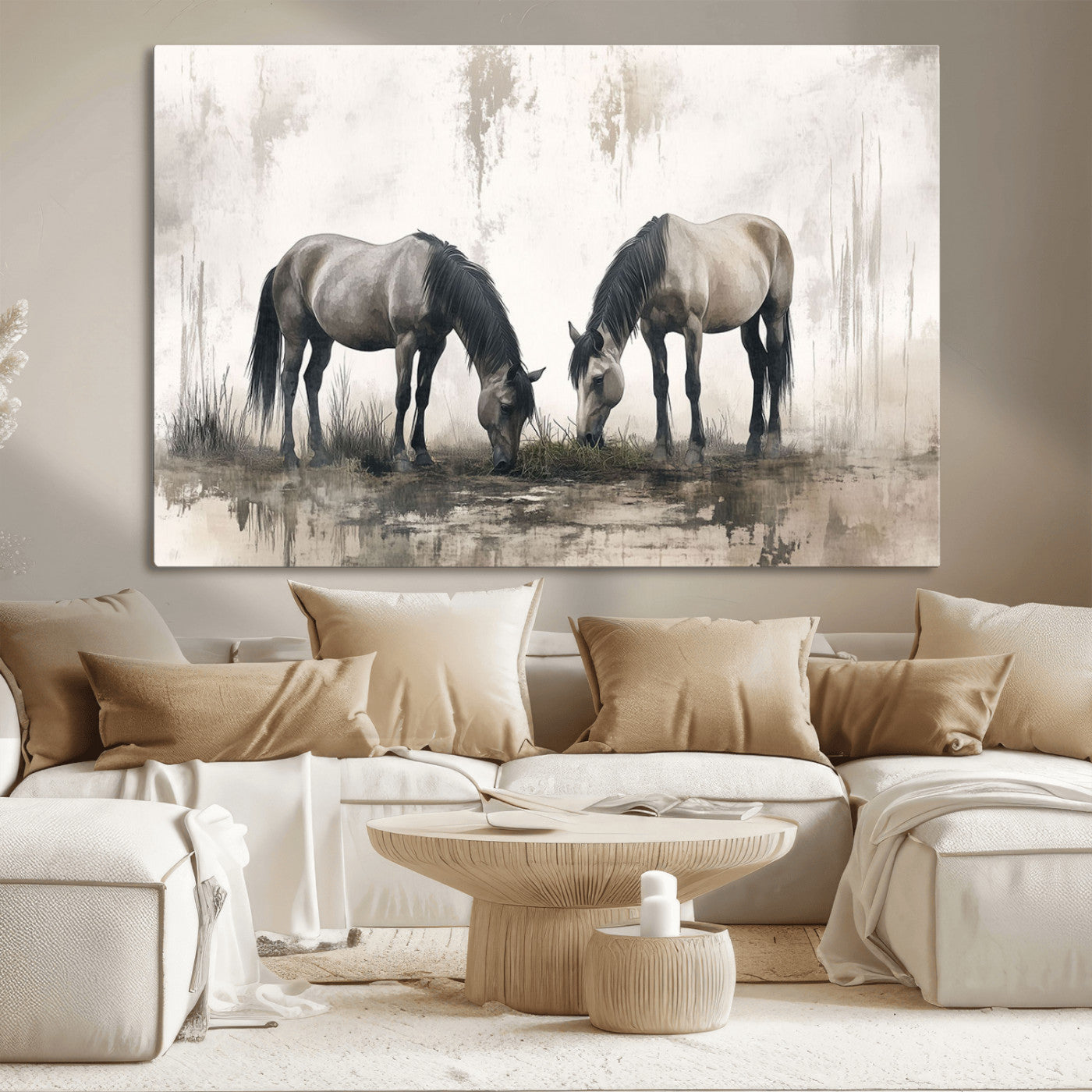 MGV-CV-36X24 - Chines Ink Style Vintage Horses Wall Art Canvas Print for Farmhouse Wall Decor